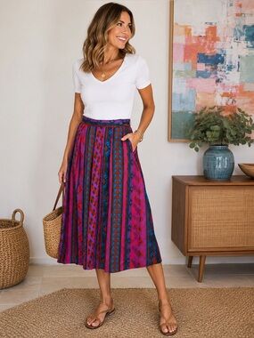 Rafaella Colorful Geometric Midi Skirt 100% Rayon Italy Pockets Size 6